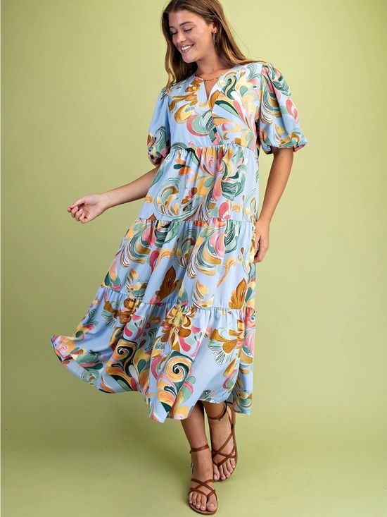 Gigio Dresses & Skirts - Sky Blue Floral Swirl Tiered Midi Dress
